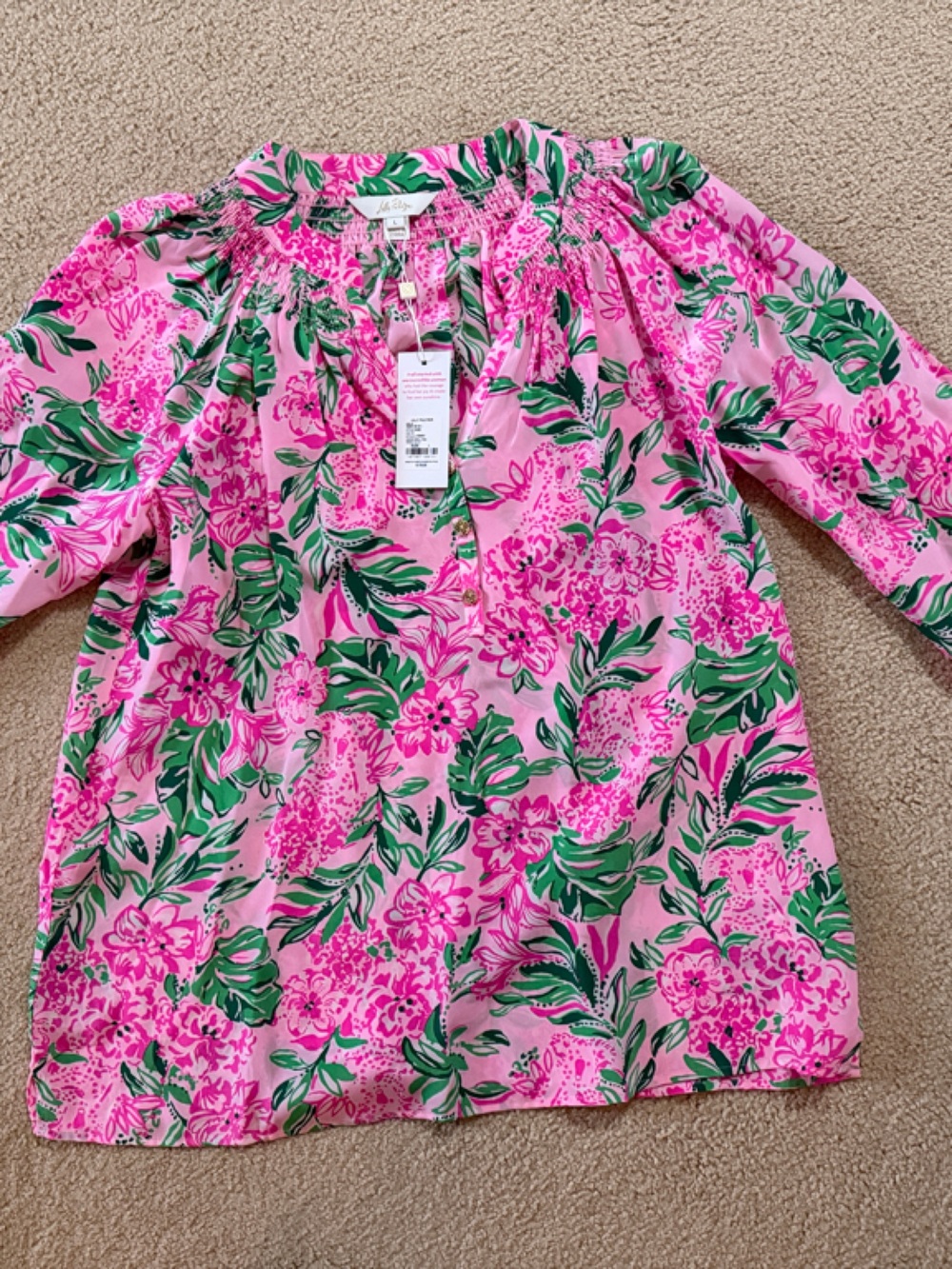 Lilly Pulitzer Elsa Conch Shell Pink Floral Green Leaves Top